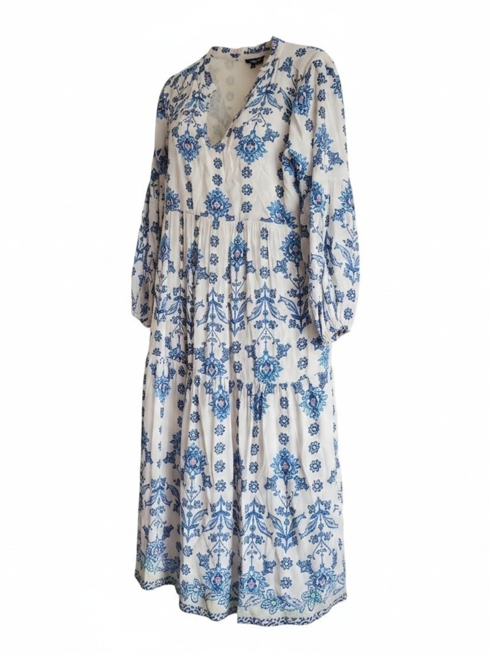 Tolani Cotton Boho Midi Dress Blue White Floral Tiered V-Neck Long Sleeve Size L